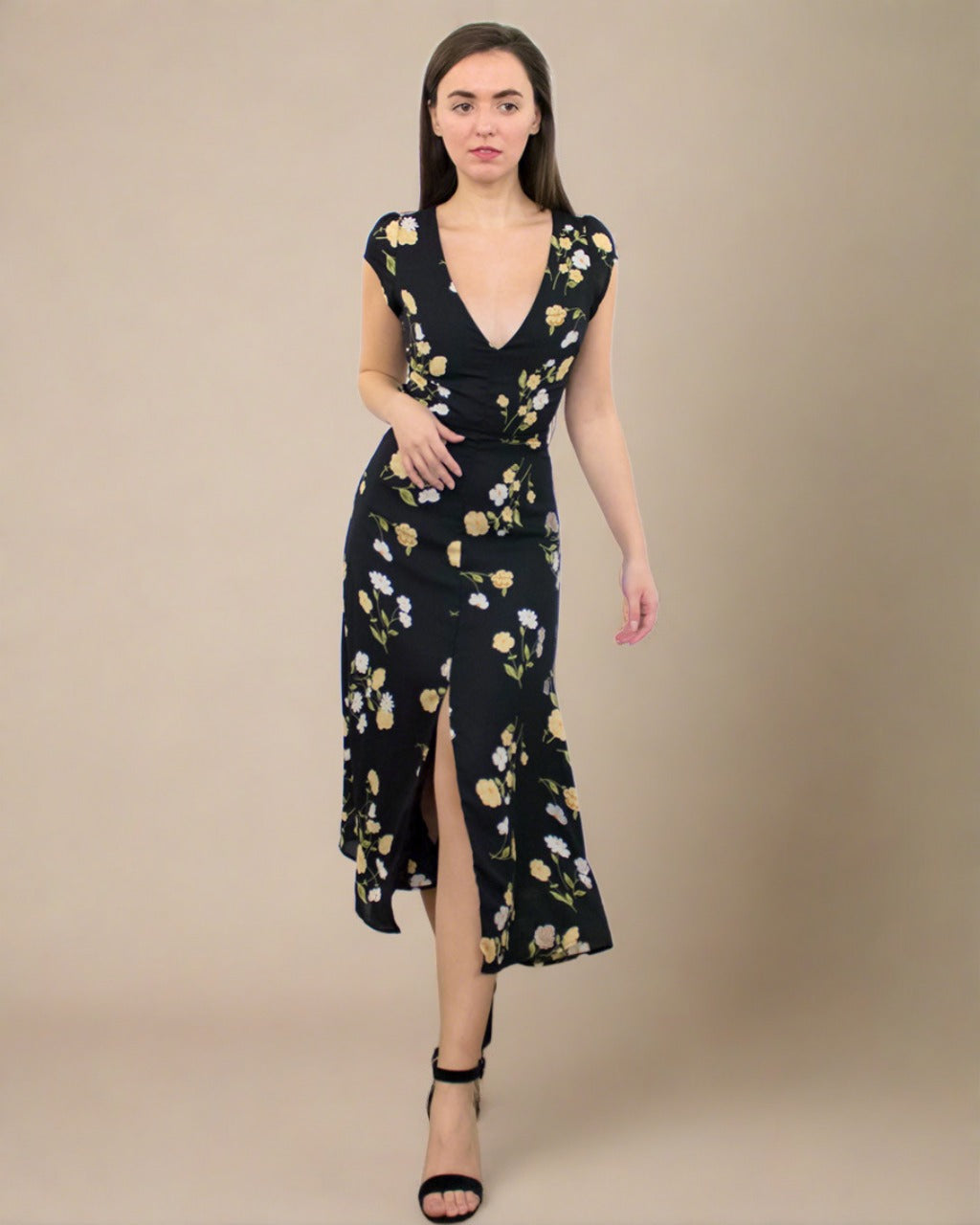 ADKN Amelia Black Midi Dress with V Neck - Black Cocktail Dress