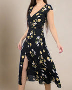 ADKN Amelia Black Midi Dress with V Neck - Black Cocktail Dress