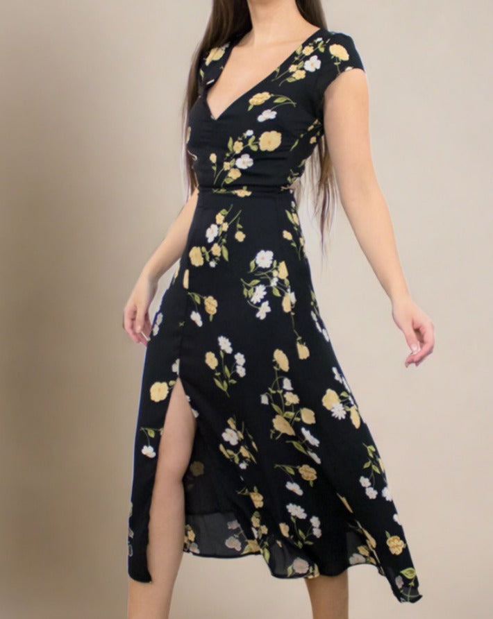 ADKN Amelia Black Midi Dress with V Neck - Black Cocktail Dress