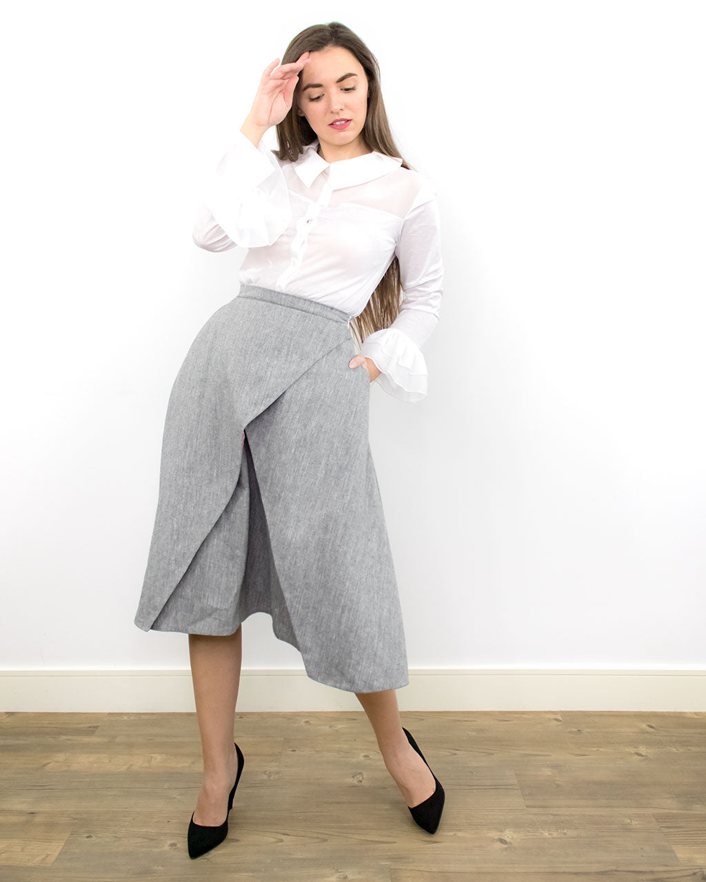 Midi spring tulip a-line fit & flare grey sustainable hemp skirt ADKN for office work smart party wedding guest made in UK