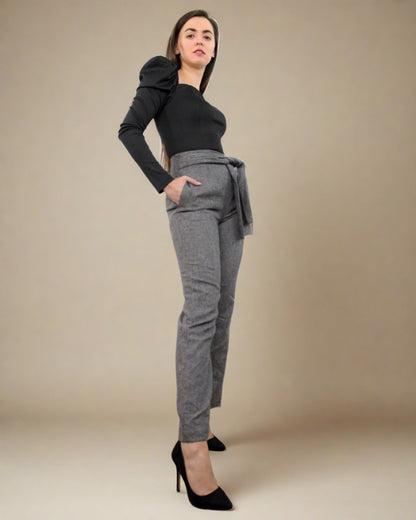 Sustainable grey slim tapered women's ethical high waisted trousers from hemp & organic cotton with pockets ADKN made in UK