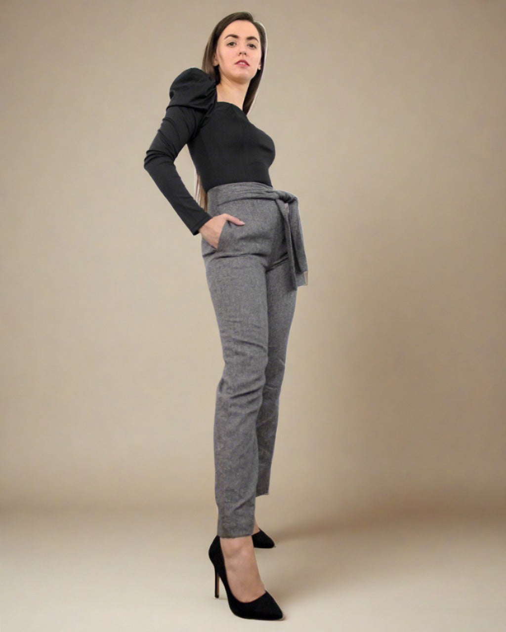 ADKN Thai Grey Trousers Women - Tailored High Waist Trousers with Pockets and Bow