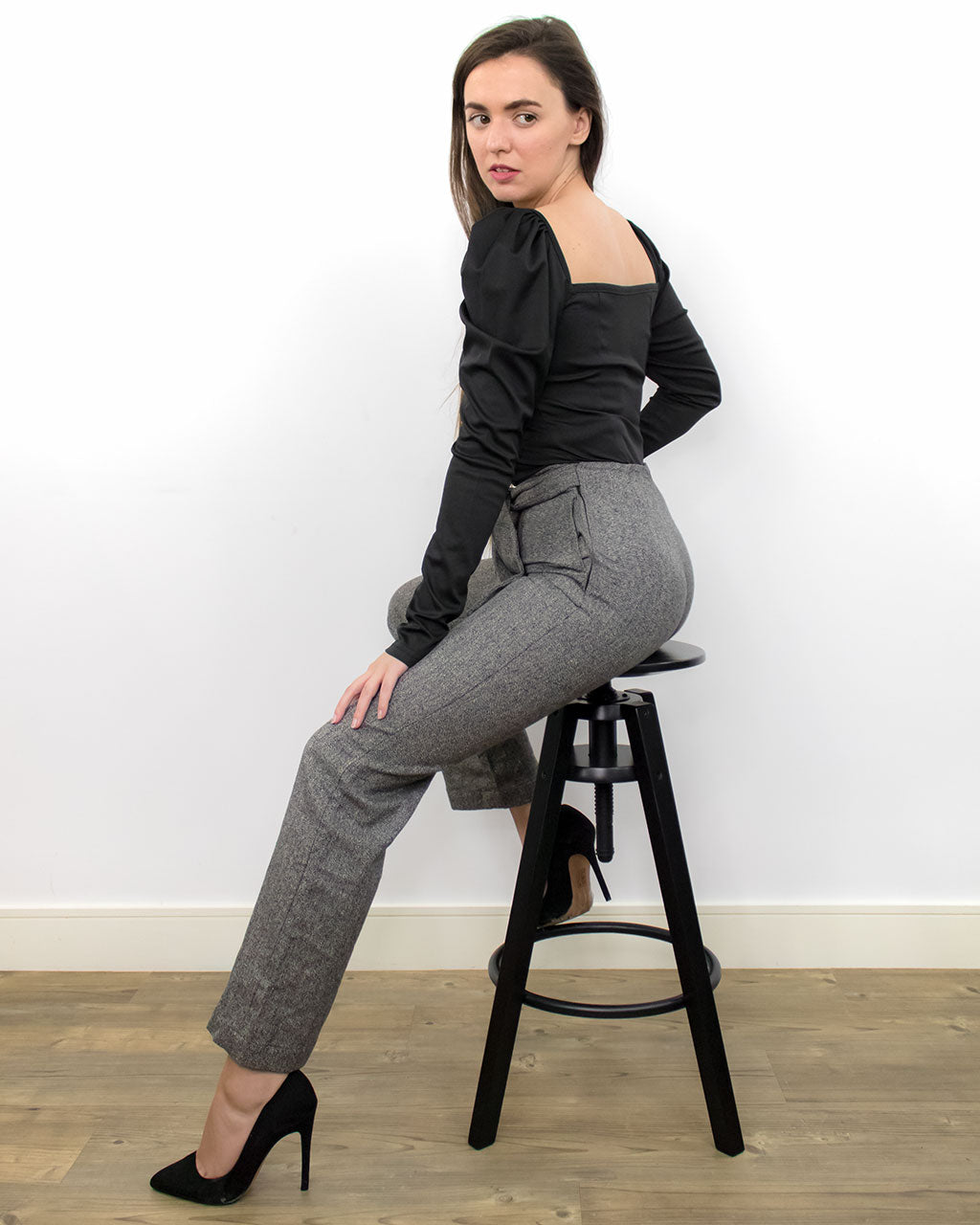 Women's smart grey office work tailored high waisted ethical party trousers made in UK from sustainable hemp & organic cotton