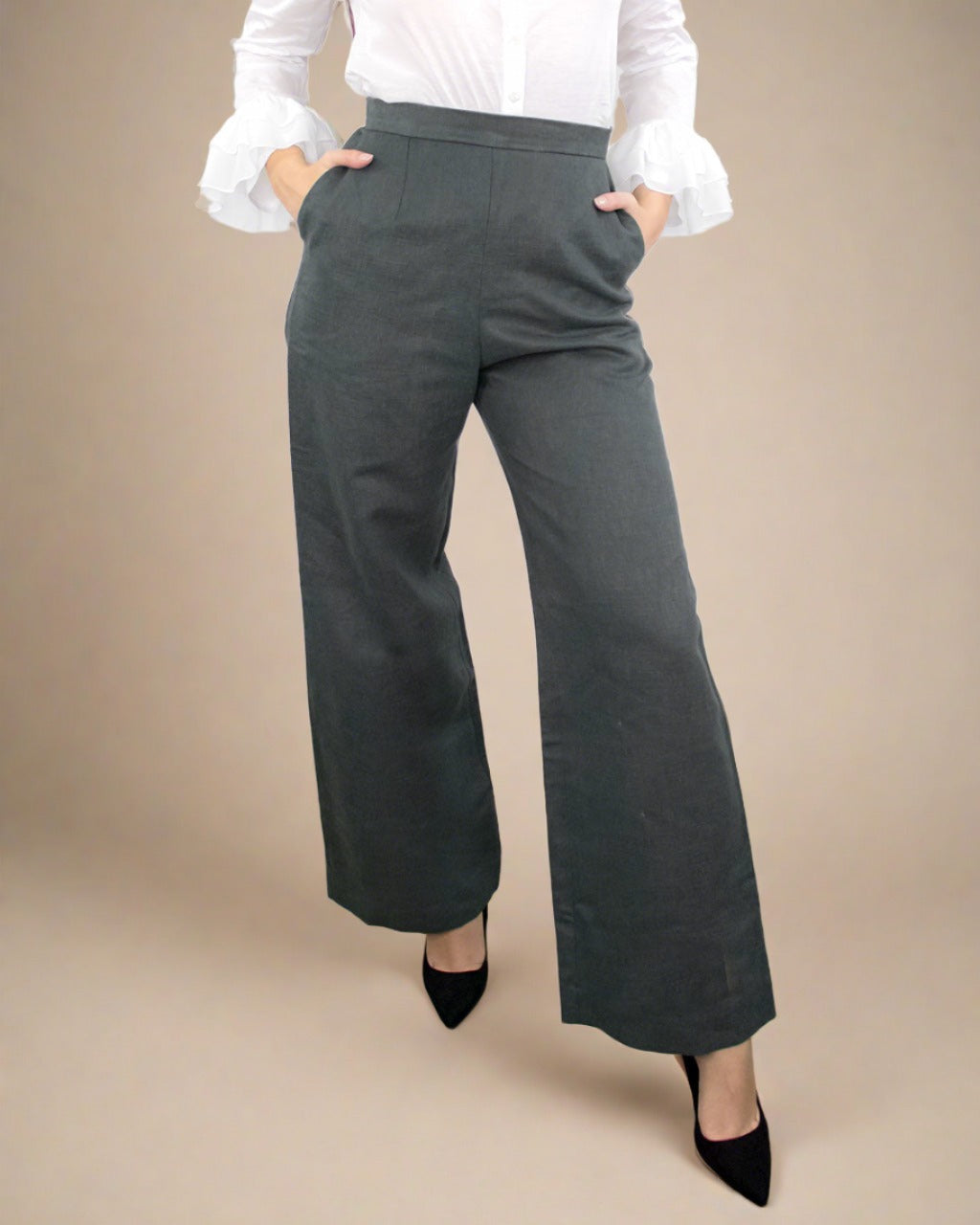 ADKN Hylas High Waisted Wide Leg Grey Trousers