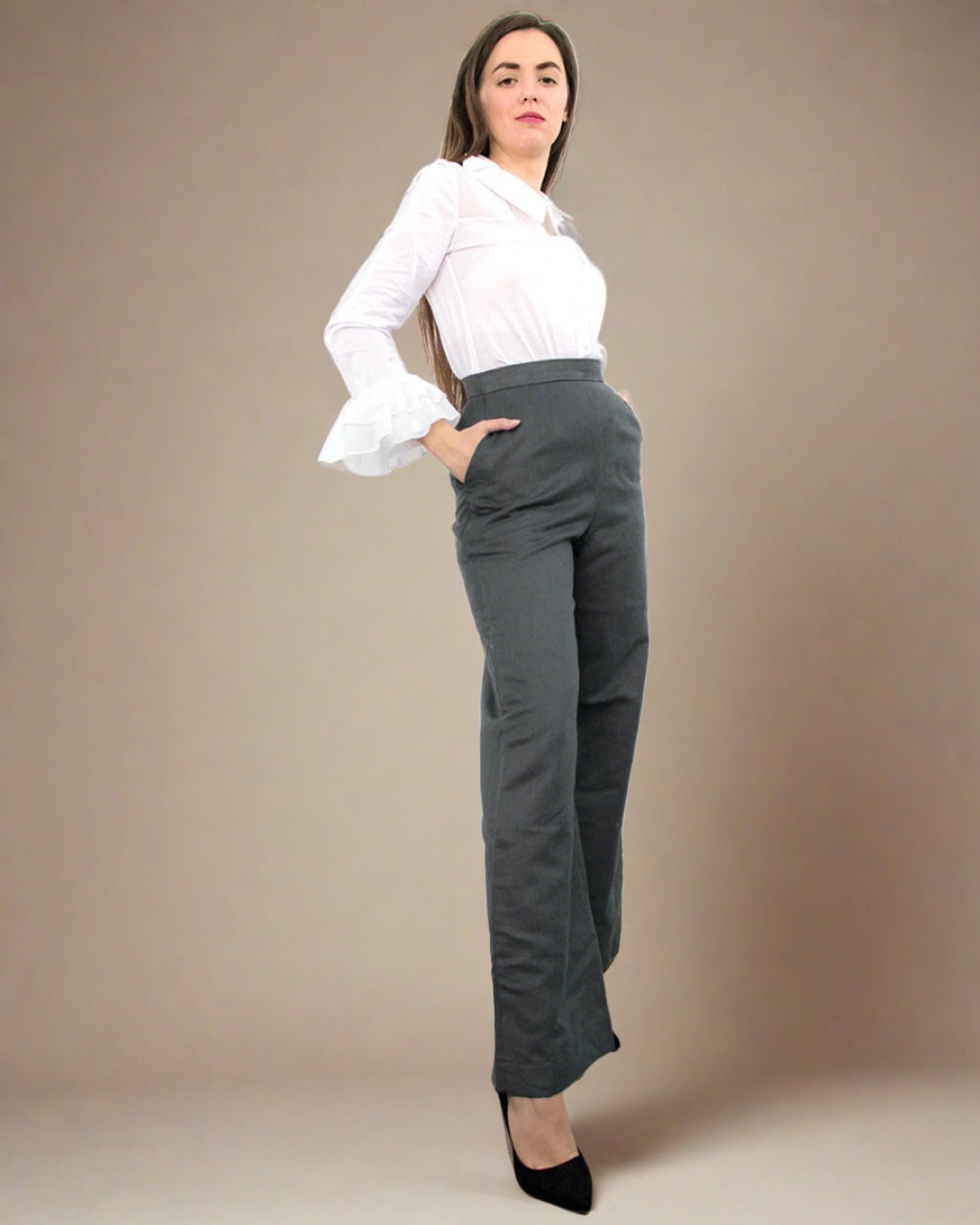 ADKN Hylas High Waisted Wide Leg Grey Trousers