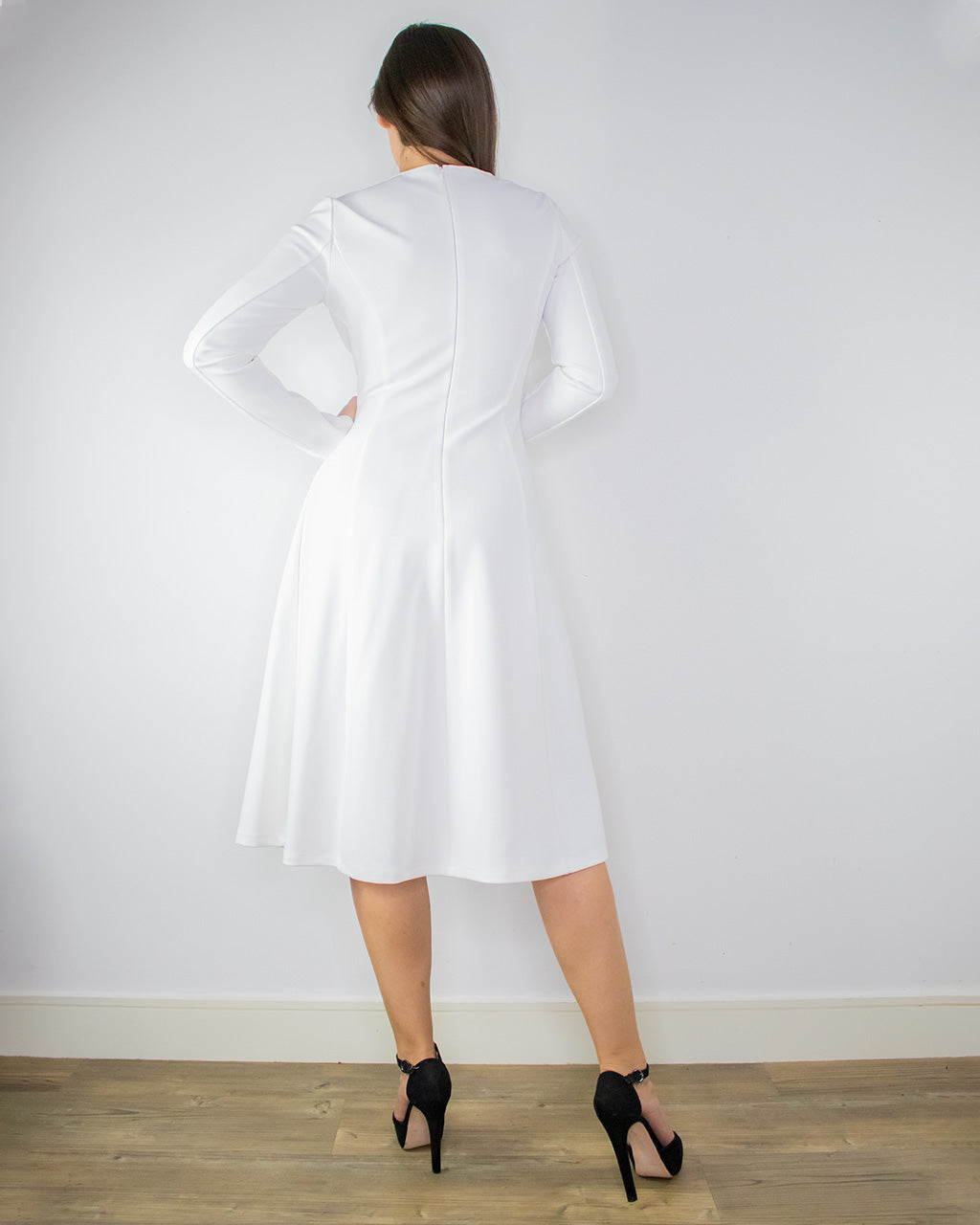 Nora White Midi Dress with Sleeves - White Skater Dress