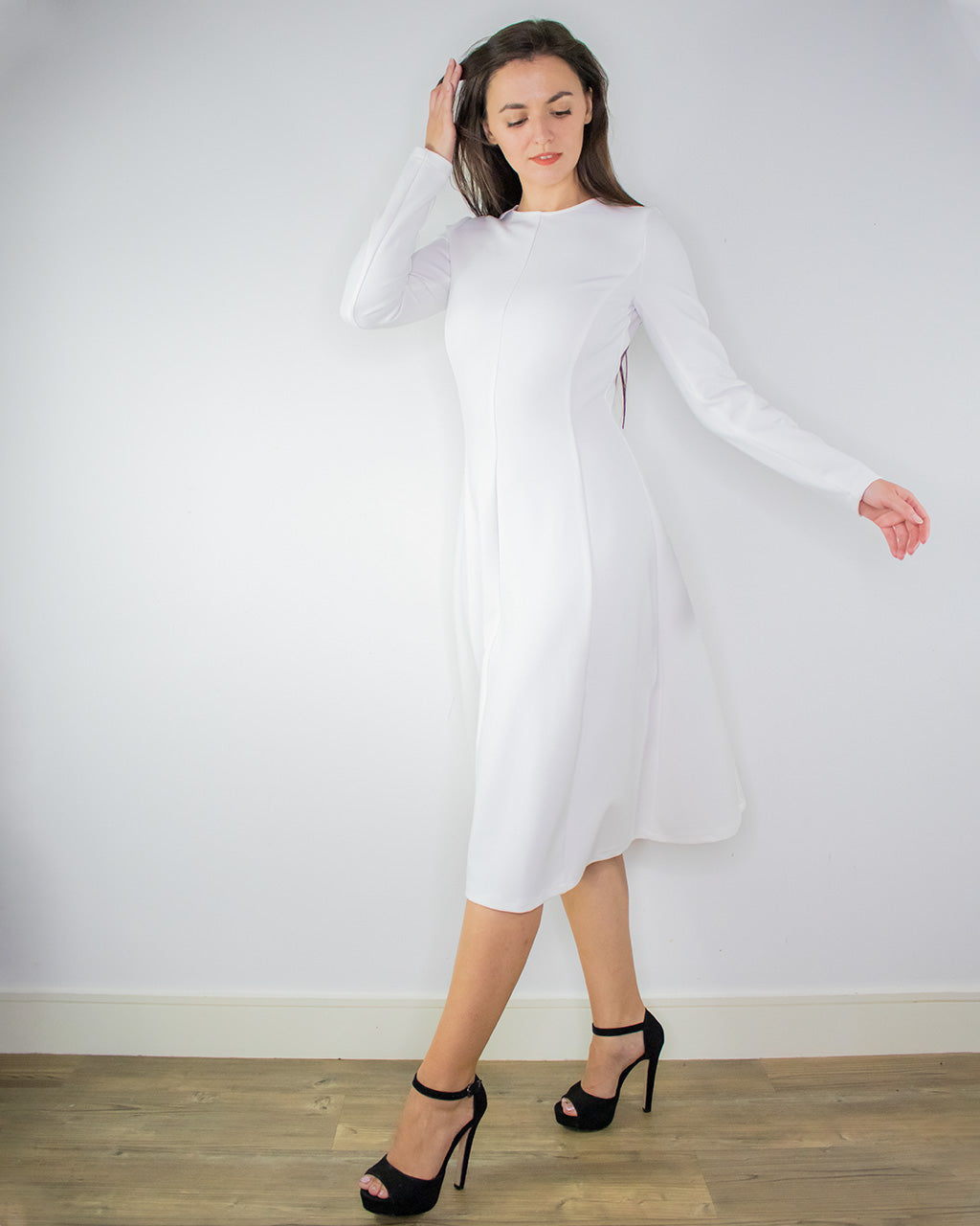 Nora White Midi Dress with Sleeves - White Skater Dress