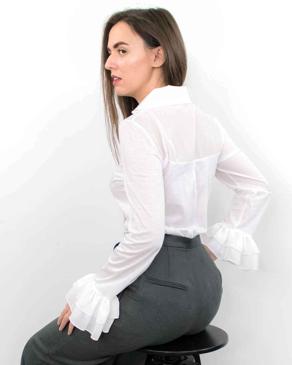 Classic elegant designer formal smart office work organic cotton shirt blouse with ruffle long sleeves ethically made in UK