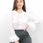 Sustainable designer white button up summer blouse with ruffles smart elegant top by ADKN made from 100% organic cotton in UK