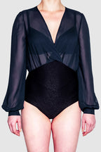 ADKN Faial Navy Blue Chiffon Sheer Bodysuit with Balloon Sleeves