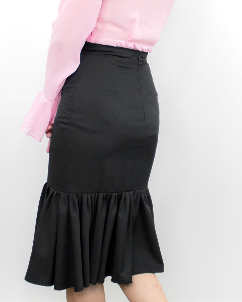 ADKN Myrto Black Pencil Ruffle Midi Skirt