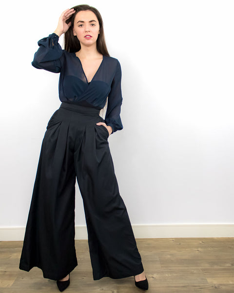 Wide Leg Stretch Trousers in Black  Roman Originals UK