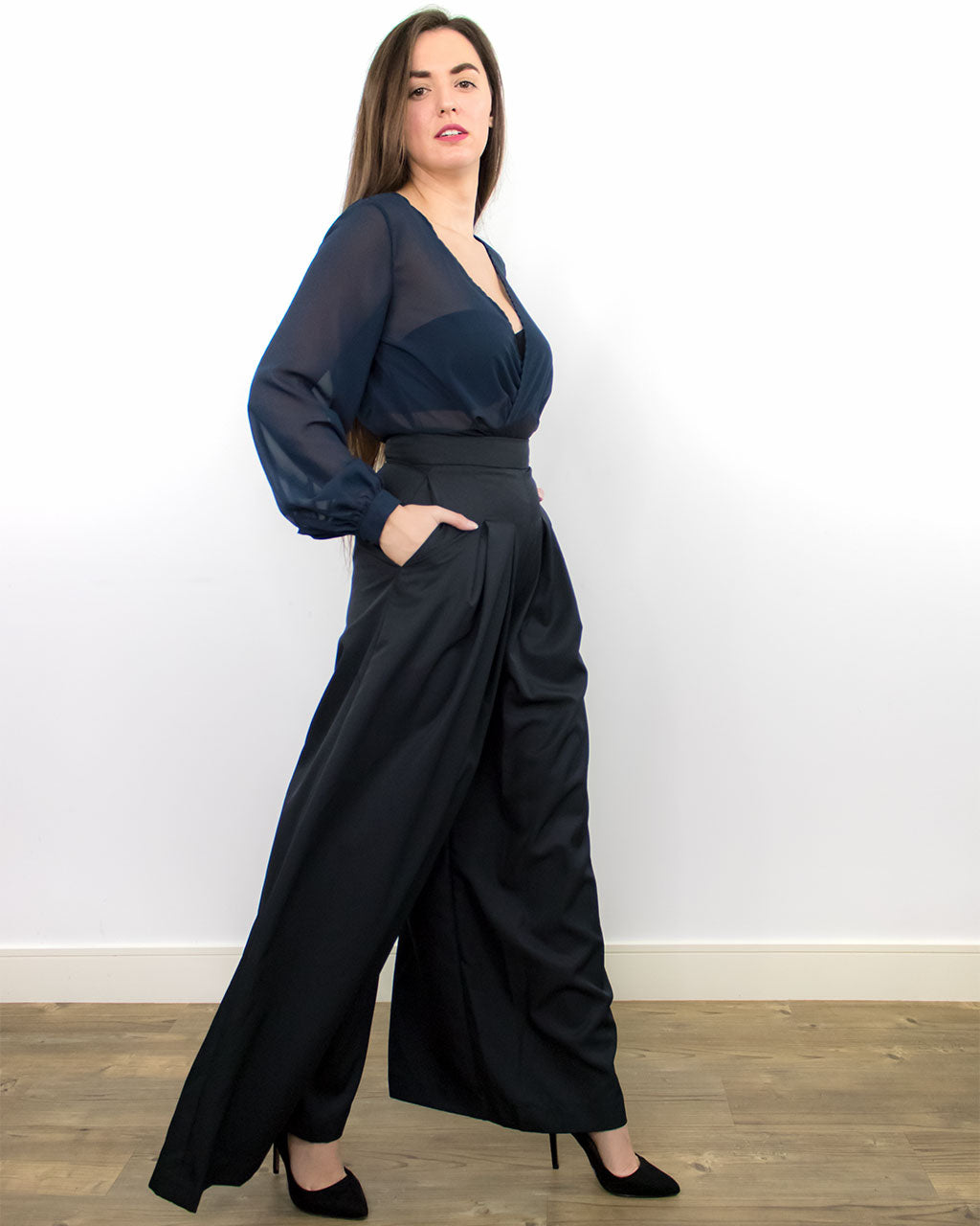 ADKN Tenes Black Wide-Leg High Waist Trousers with Pockets