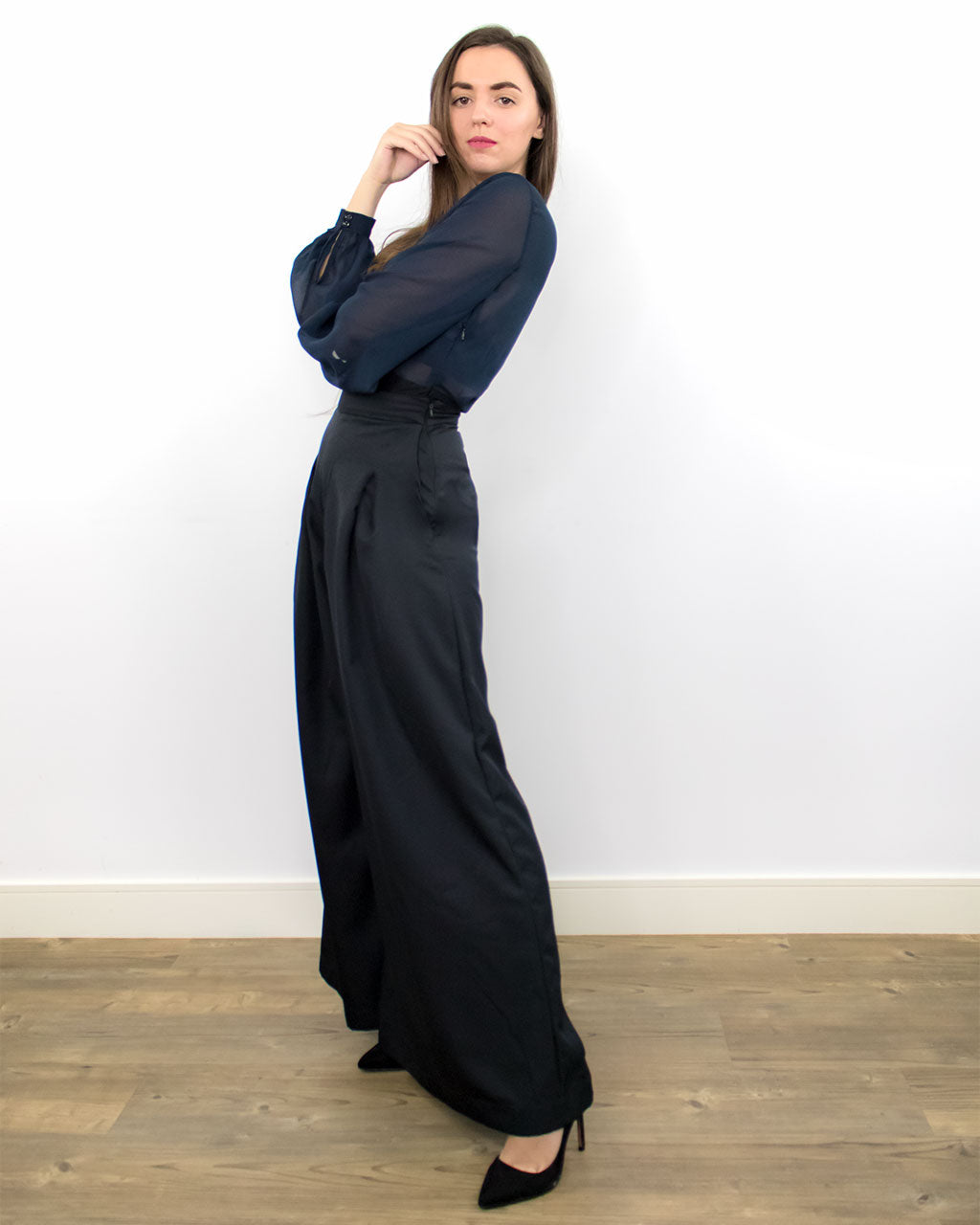 ADKN Tenes Black Wide-Leg High Waist Trousers with Pockets