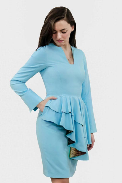 Midi blue long sleeve Abel Dress by ADKN featuring functional side seam pockets perfect for weddings parties or office work