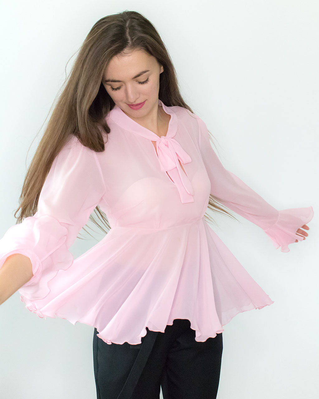 ADKN Clarissa Pink Chiffon Peplum Blouse with Pussy Bow