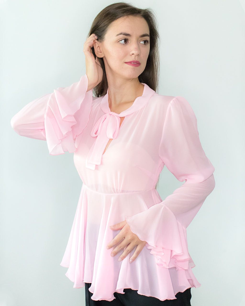 Baby pastel pink sheer smart peplum shirt Clarissa with bow and ruffles party top for ladies from RPET for spring weddings