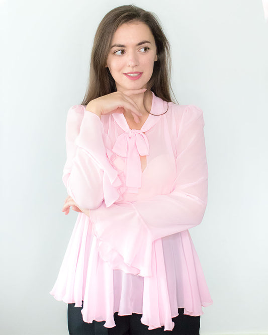 Pink sheer chiffon peplum blouse with pussy bow Clarissa long sleeves party top by ADKN made in UK from recycled PET bottles