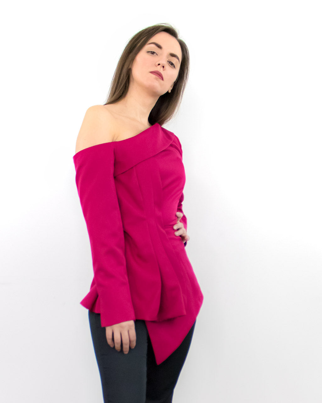 ADKN Nerina Red Peplum Asymmetric One-Shoulder Blouse
