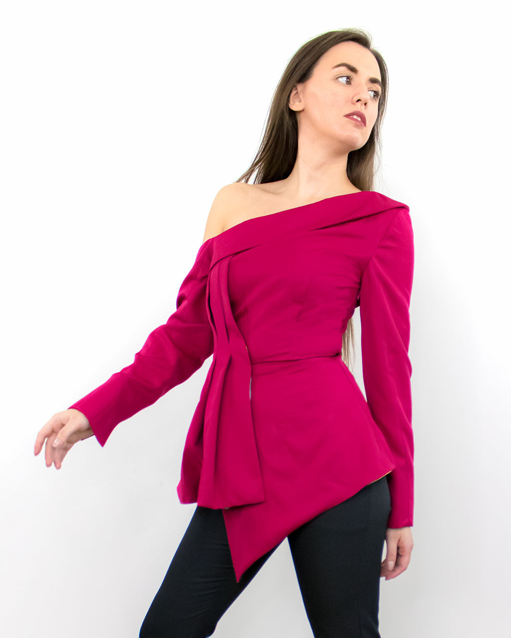 ADKN Nerina Red Peplum Asymmetric One-Shoulder Blouse