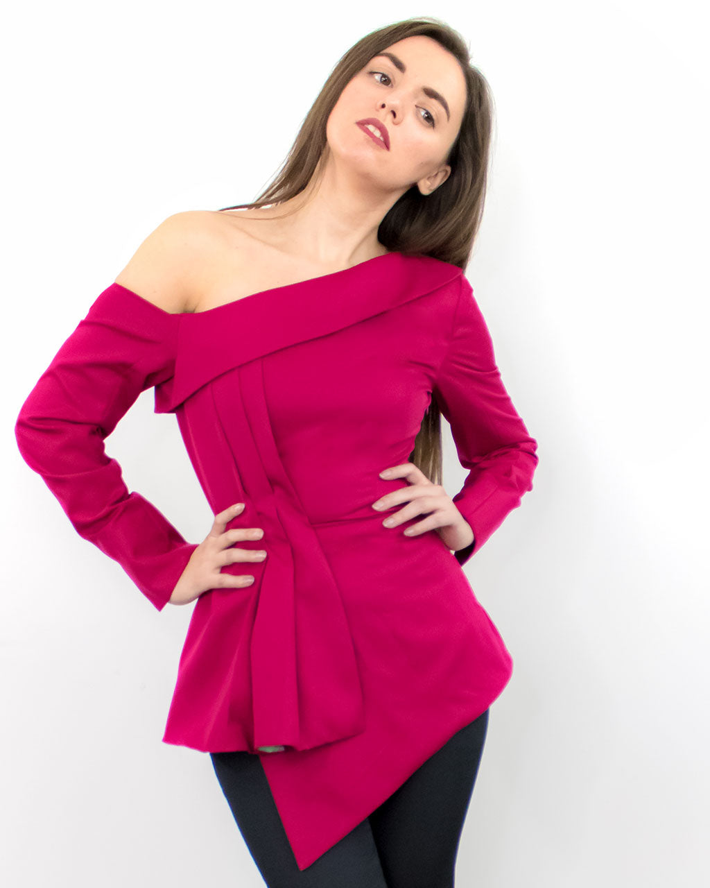 Sustainable designer women's red one shoulder long sleeve peplum asymmetric top ethical formal occasion party blouse ADKN UK
