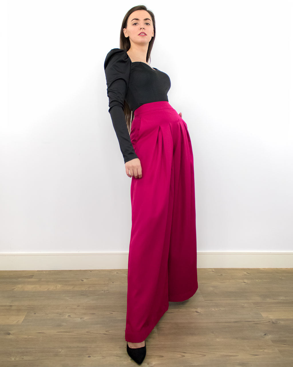 Formal wide leg elegant red trousers for wedding party bridesmaid with pockets made from sustainable recycled PET bottles UK