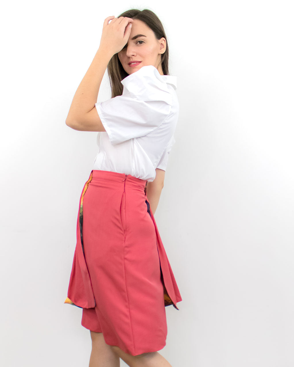 Luxury designer high waisted red double layer flowy flare straight skirt ADKN ethically made in UK from sustainable materials