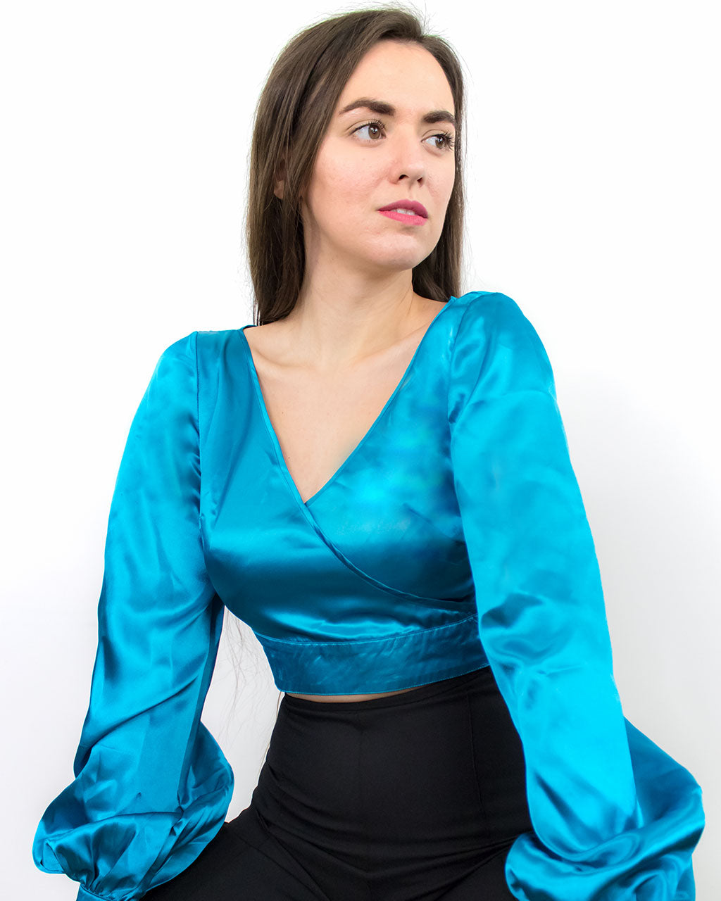 ADKN Dalia Blue Satin Crop Top with Balloon Sleeves
