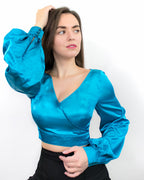 ADKN Dalia Blue Satin Crop Top with Balloon Sleeves