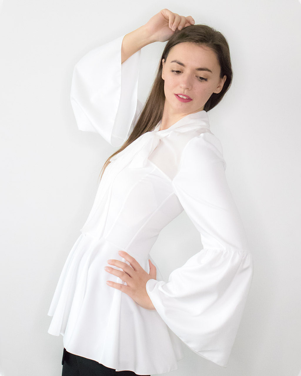 ADKN Loris White Peplum Blouse with Bell Sleeves