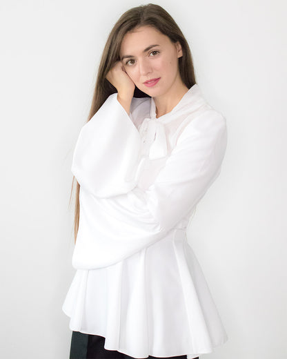 Ethical designer white peplum bell sleeves top with bow ADKN fit & flare occasion evening blouse made from recycled PET UK