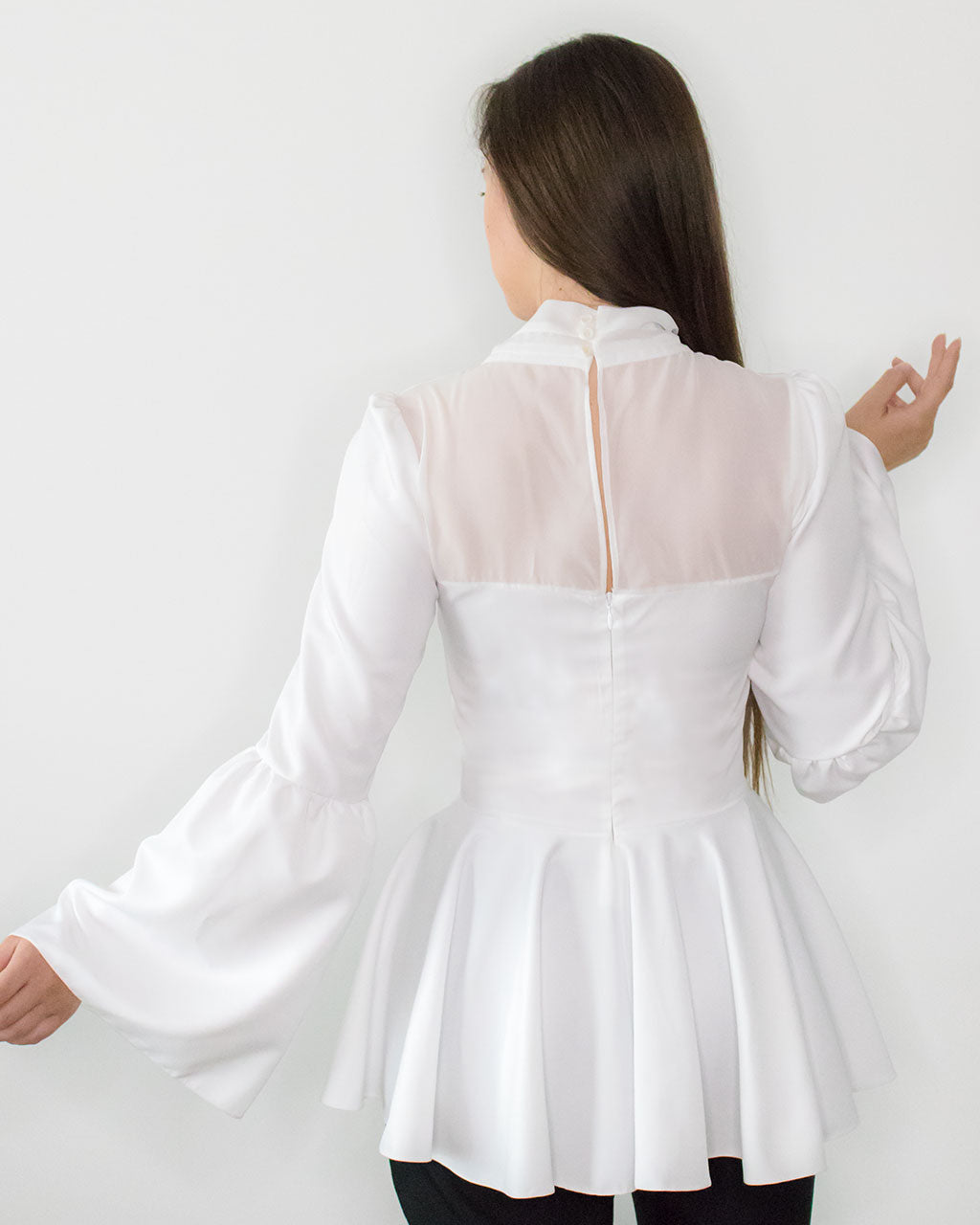 ADKN Loris White Peplum Blouse with Bell Sleeves