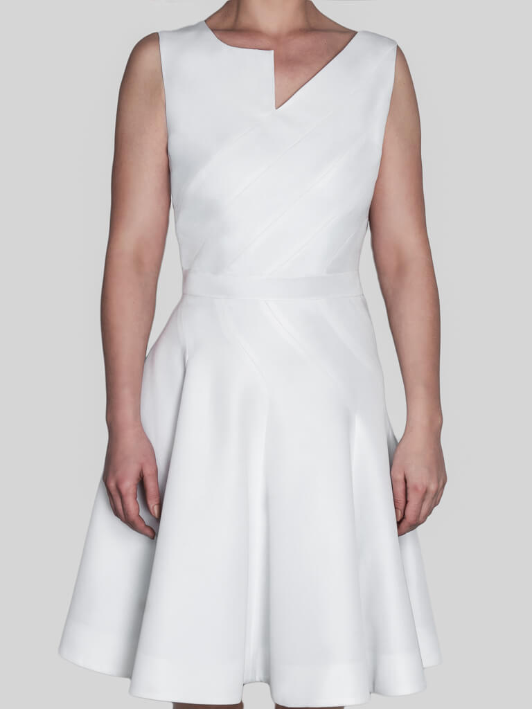 Sleveless occasion formal skater fit & flare white recycled dress for spring weddings Eirene by ADKN ethically made in UK