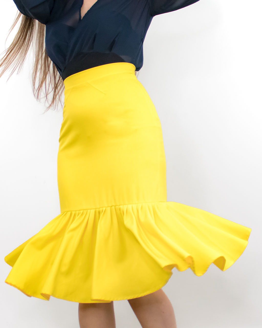 ADKN Myrto Yellow Pencil Skirt - Ruffle Midi Skirt