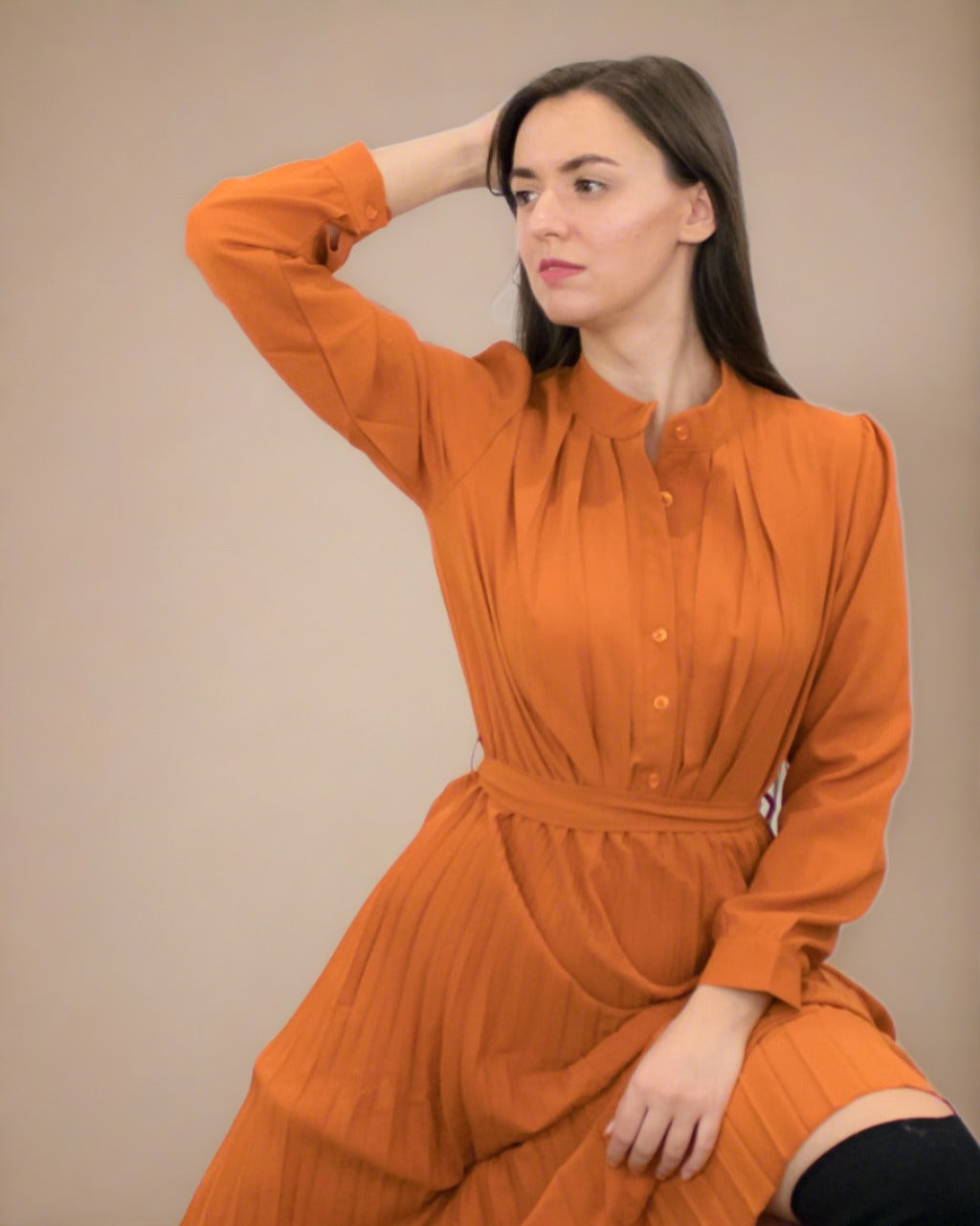 Ania Burnt Orange Maxi Dress with Pleats - Long Sleeve Dress