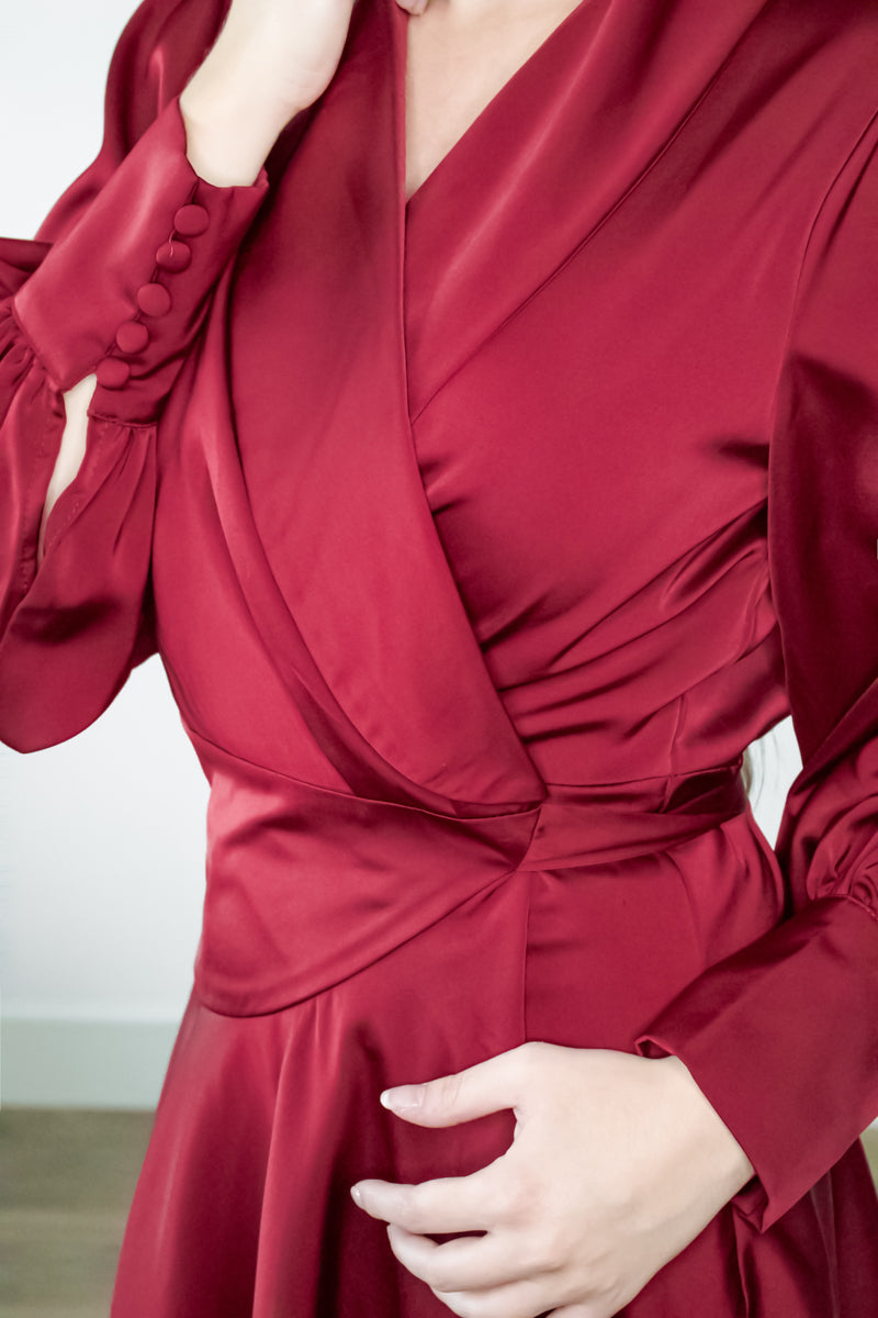 ADKN Elye Wrap Dress - Mini Red Satin Dress