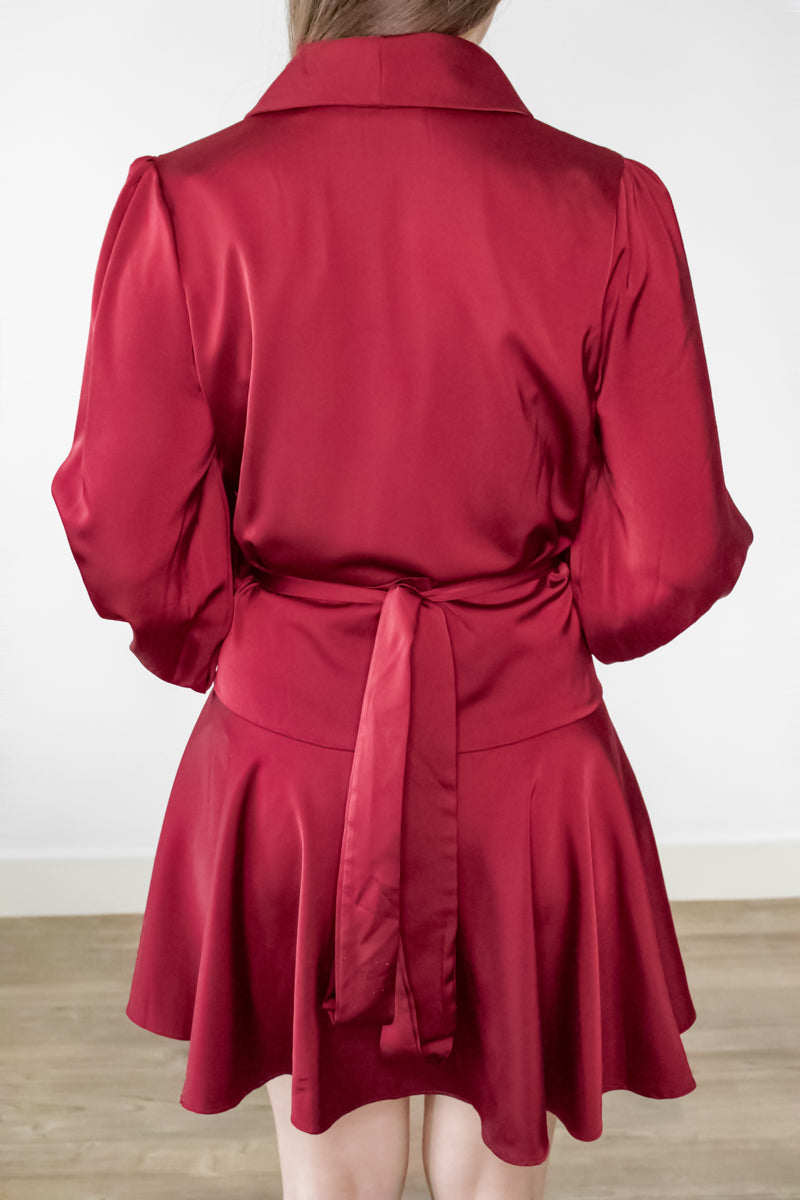 ADKN Elye Wrap Dress - Mini Red Satin Dress