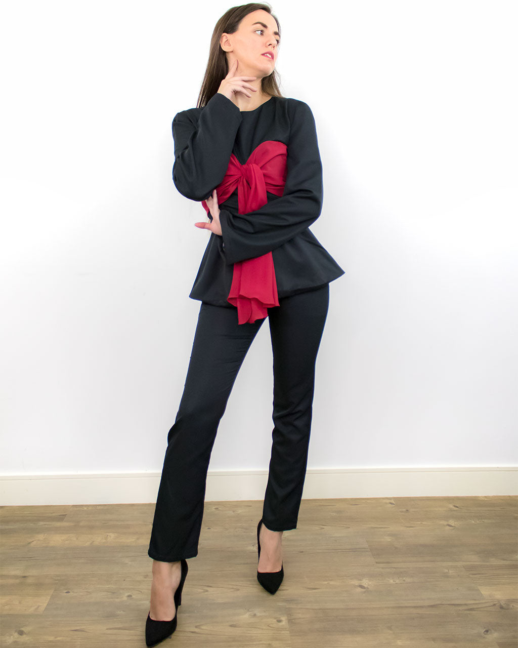 Annes Black Peplum Blouse with Bow