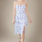 Sustainable Chiffon White Polka Dot Summer Midi Dress from light chiffon with blue dots tie straps and thigh slit by ADKN UK