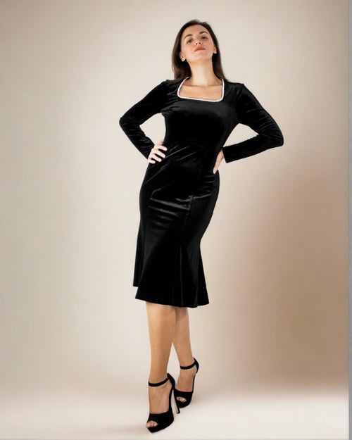velvet dress long sleeve uk Long Sleeve Velvet Dress - Black Velvet Midi Dress