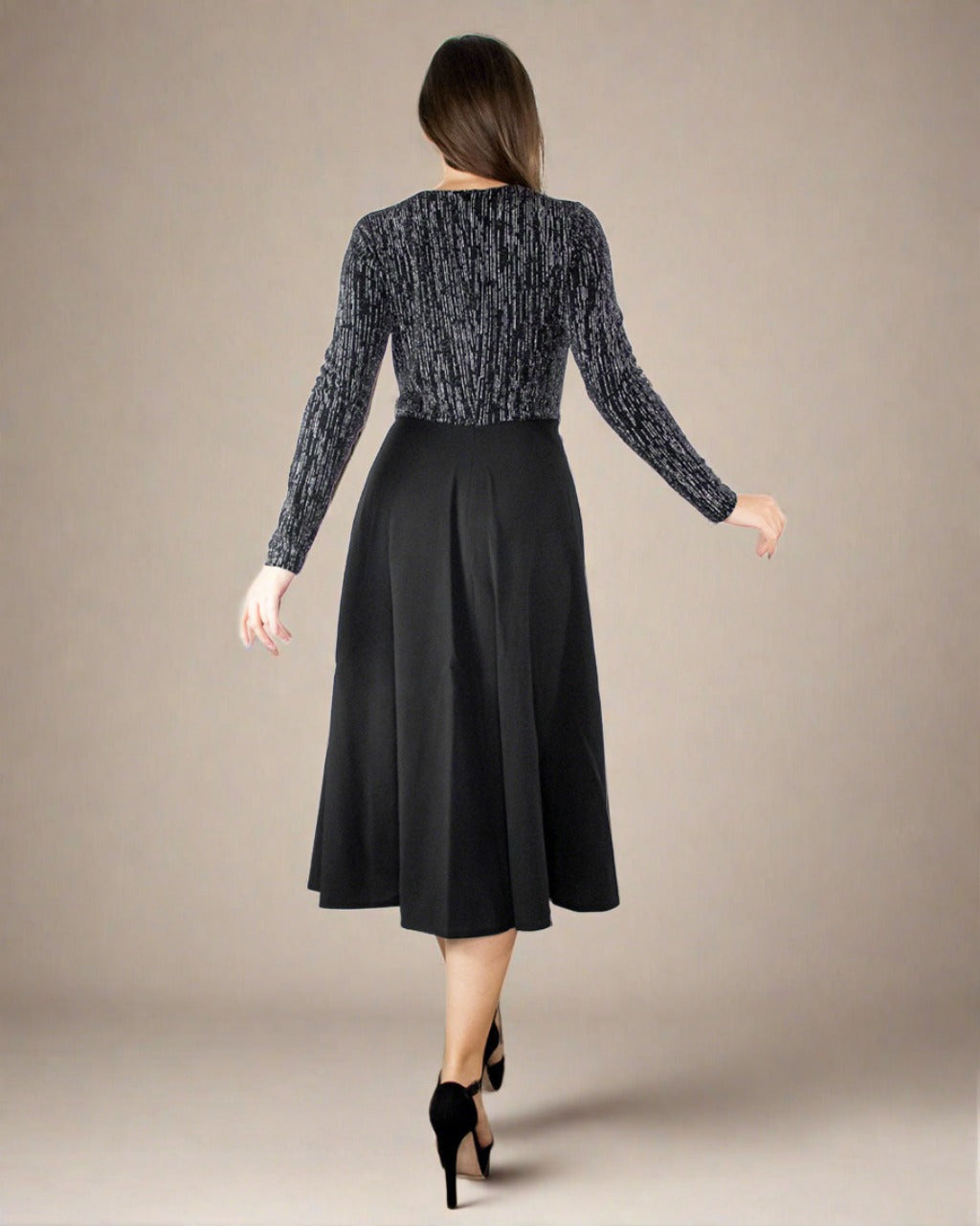 Esme Long Sleeve Sparkly Dress - Black Fit and Flare Dress