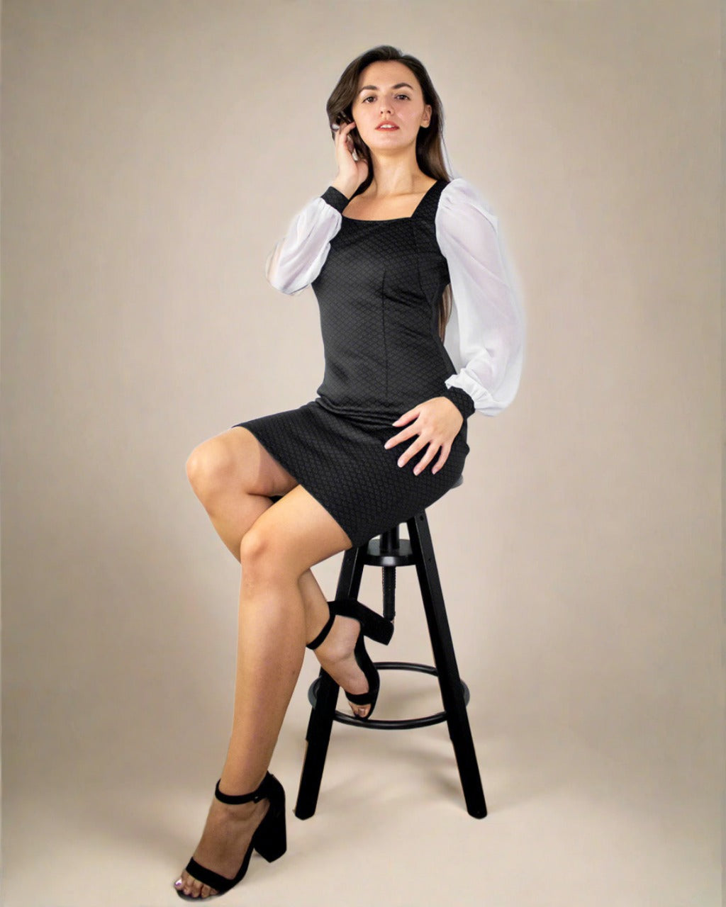 Lyla Long Sleeve Black Mini Dress with Blouson Sleeves
