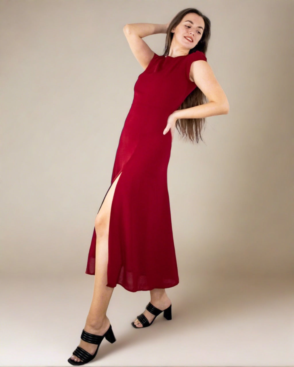 Long red dress store with thigh split