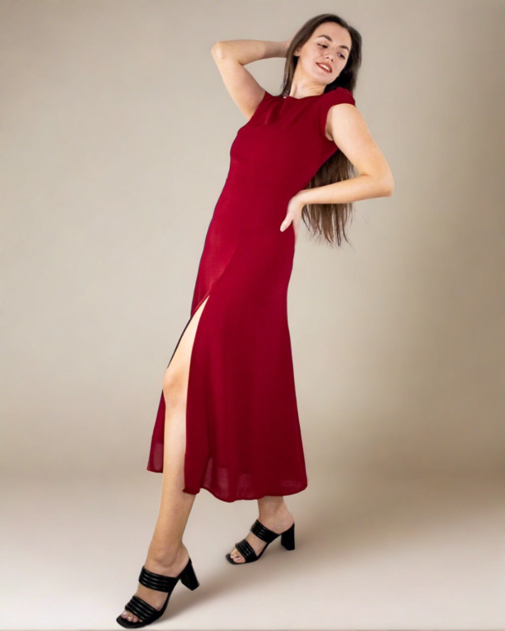 Red Midi Dress with Thigh Slit - Red Party Dress | ADKN UK
