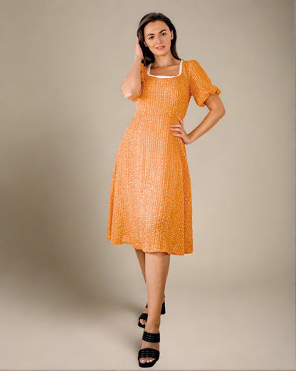 Cosette Dress - Burnt Orange Wedding Guest Dress with Puff Sleeves