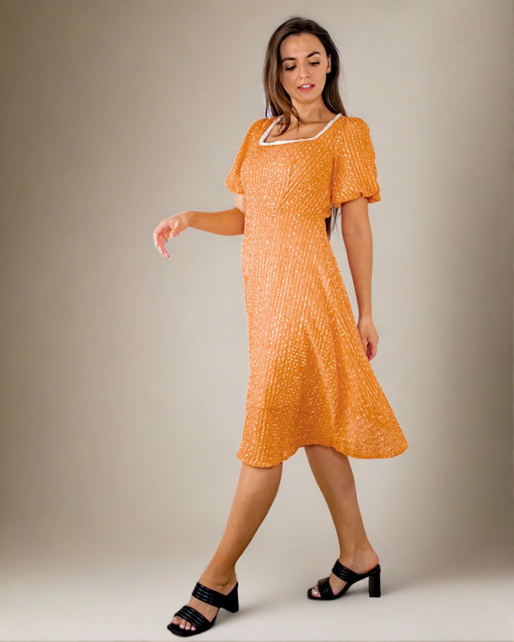 ADKN Cosette Dress - Burnt Orange Wedding Guest Dress with Puff Sleeves