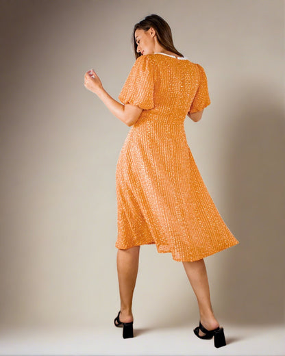 Cosette Dress - Burnt Orange Wedding Guest Dress with Puff Sleeves