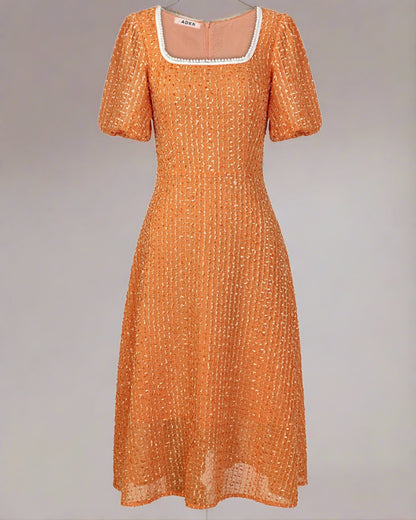 ADKN Cosette Dress - Burnt Orange Wedding Guest Dress with Puff Sleeves