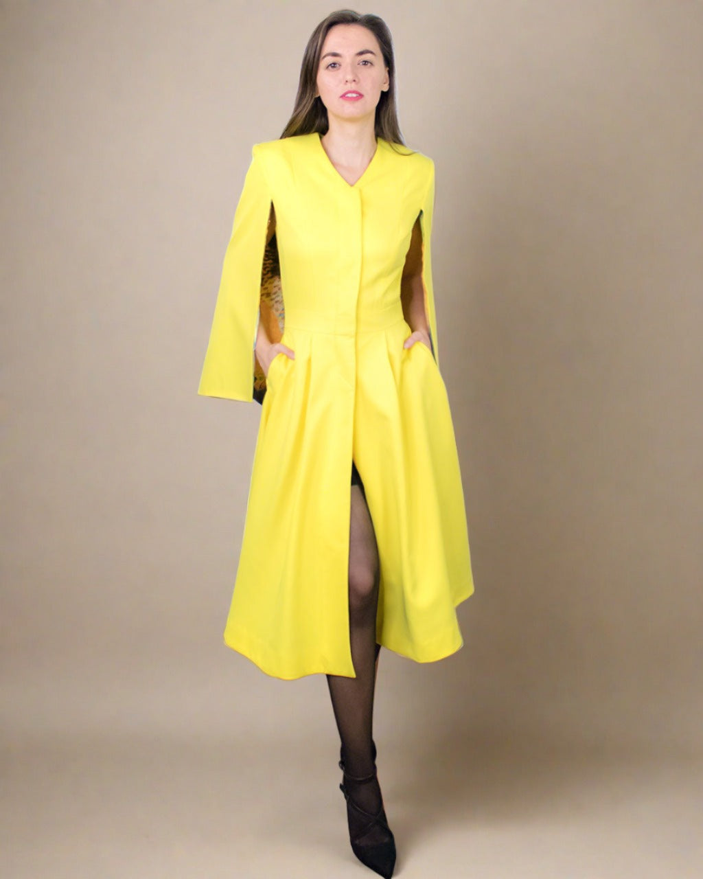 Yellow waterproof cape Raincoat stylish jacket women's ADKN with designer satin lining made in UK from sustainable materials