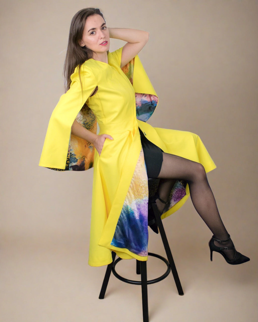 Longline yellow mustard stylish waterproof jacket cape raincoat ADKN ethically made in London from recycled plastic bottles